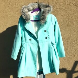 Kids Aqua Coat with Faux Fur Trim